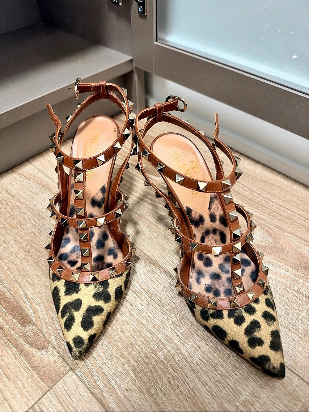 Valentino Garavani Rockstud Leopard Calf Hair Ankle-Strap Pumps